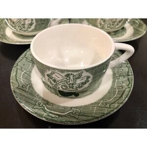 Vintage "The Old Curiosity Shop" 3 Sets Cups And Saucers - Green - Royal - USA